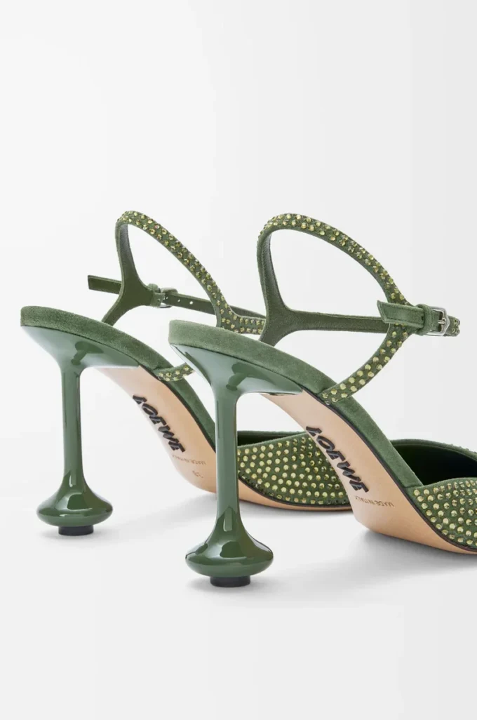 Toy ankle strap pump in rhinestone-embellished suede Military Green