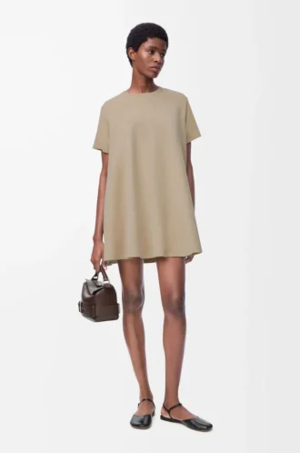 Trapeze dress in cotton blend Beige