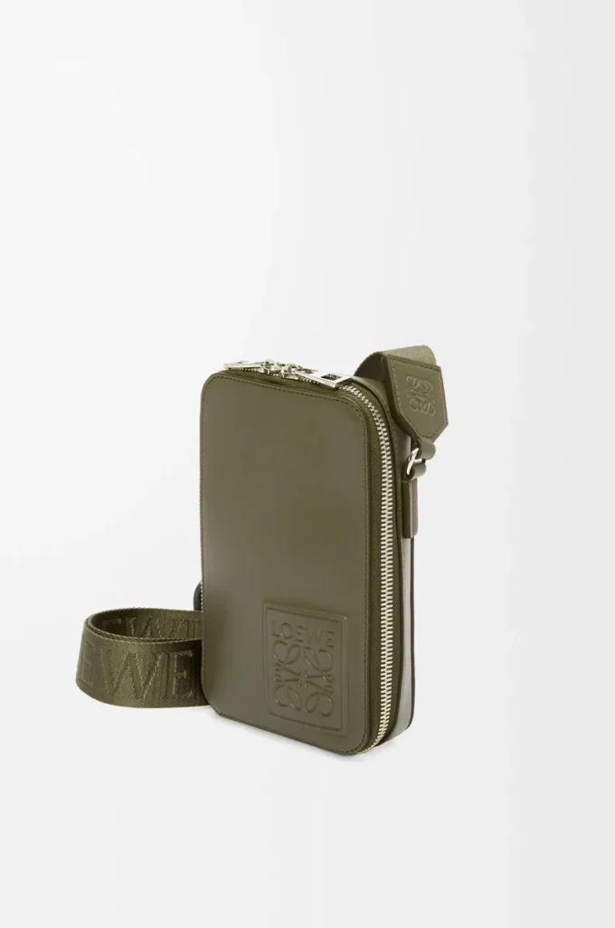 Vertical crossbody pocket in satin calfskin Khaki Green