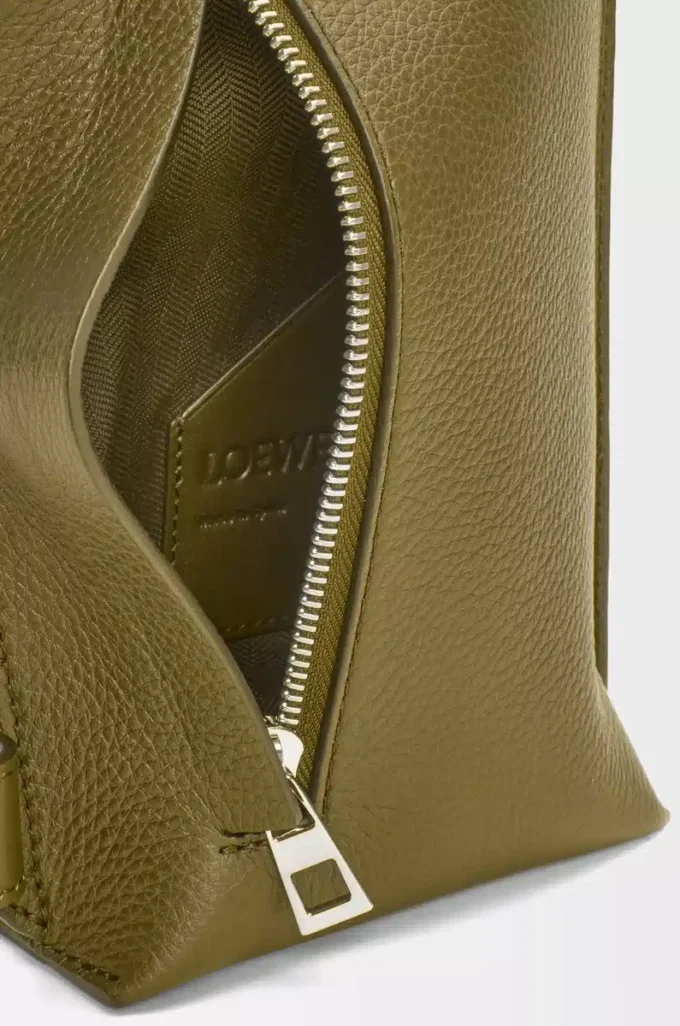 Vertical T Pocket in soft grained calfskin Olive