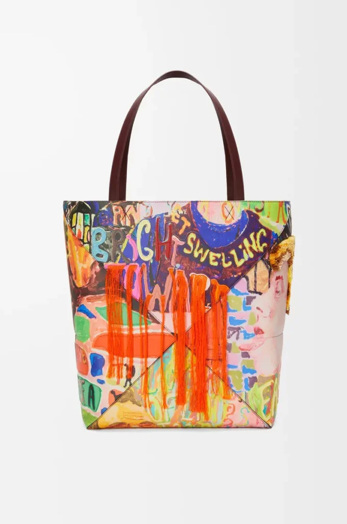 XL Puzzle Fold tote in classic calfskin Dark Burgundy/Multicolor