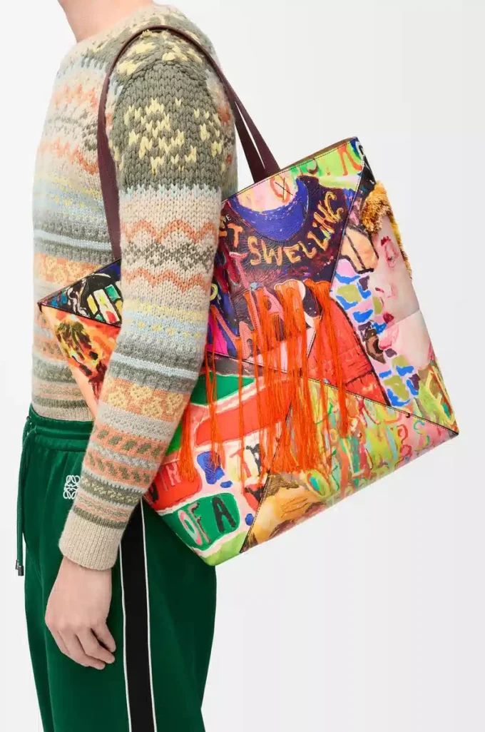XL Puzzle Fold tote in classic calfskin Dark Burgundy/Multicolor