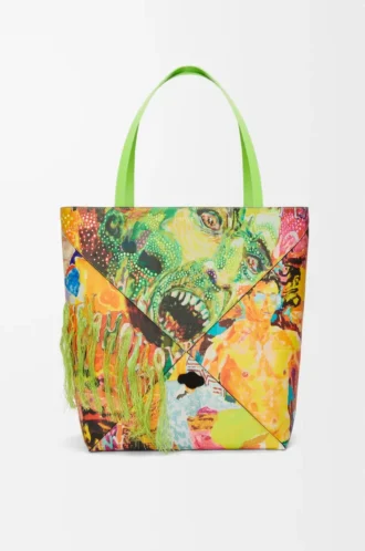 XL Puzzle Fold tote in classic calfskin Vivid Green/Multicolor