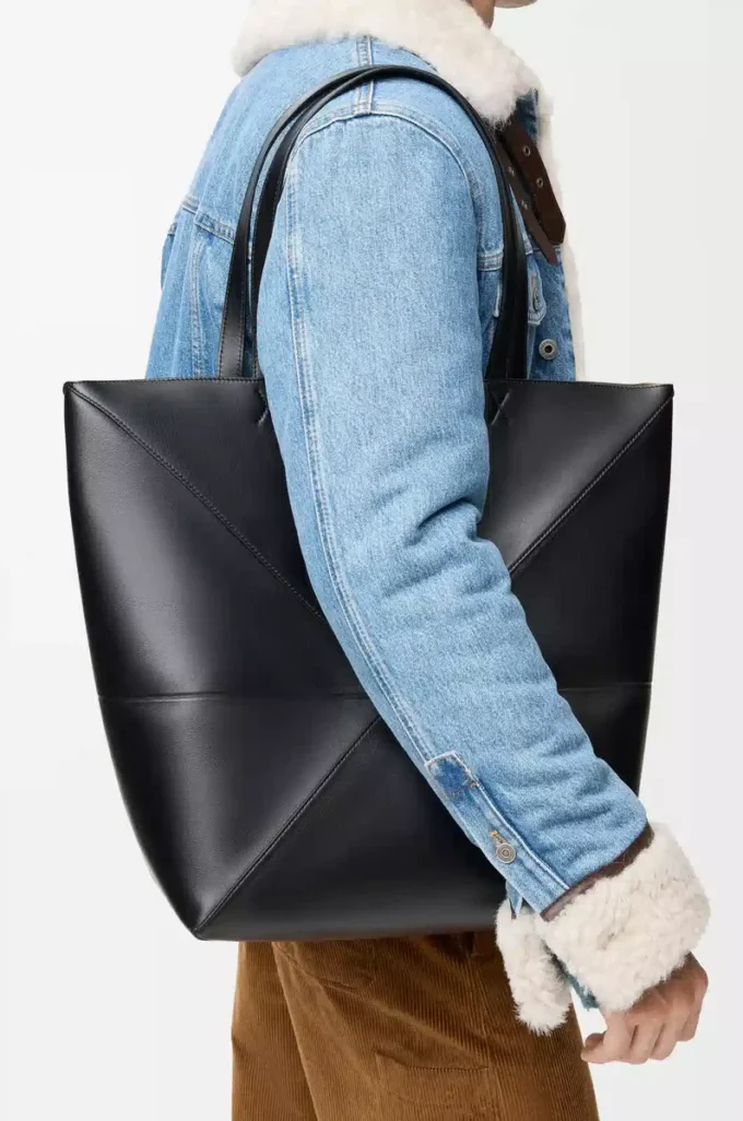 XL Puzzle Fold tote in shiny calfskin Black XL Puzzle Fold tote in shiny calfskin Black