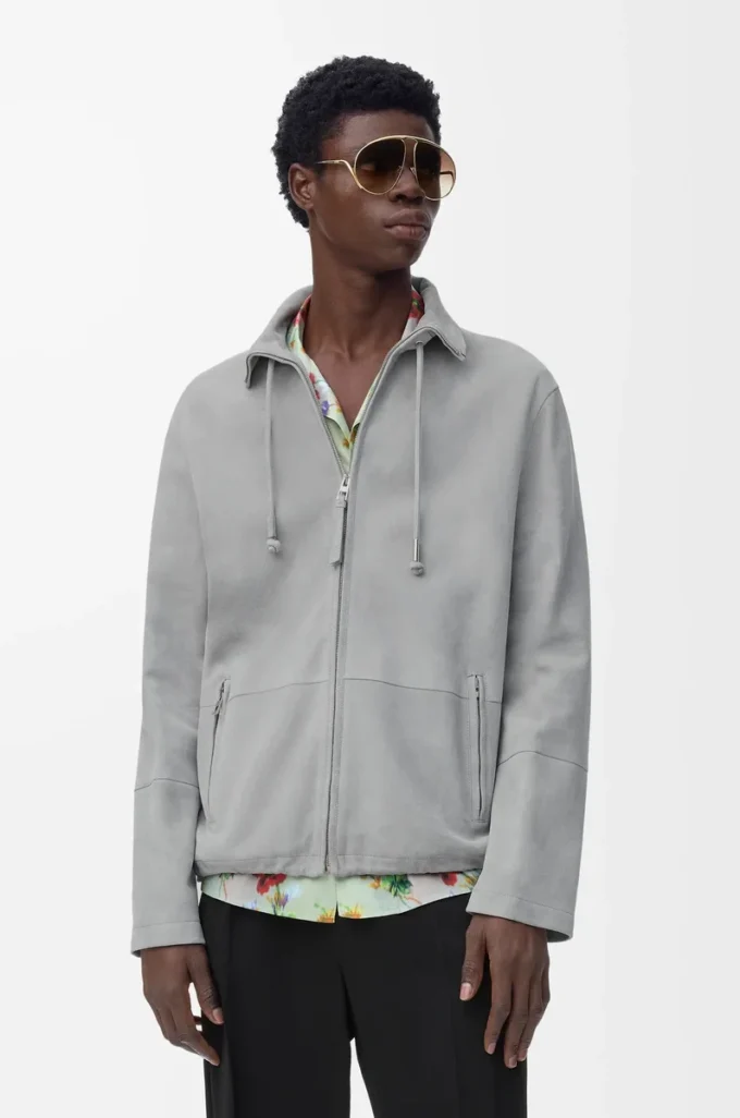 Zip-up jacket in suede lambskin Light Grey